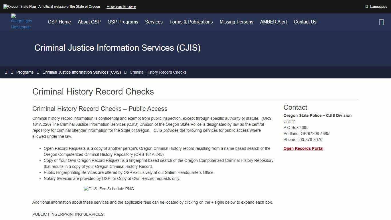 Oregon State Police : Criminal History Record Checks : Criminal Justice Information Services (CJIS) : State of Oregon