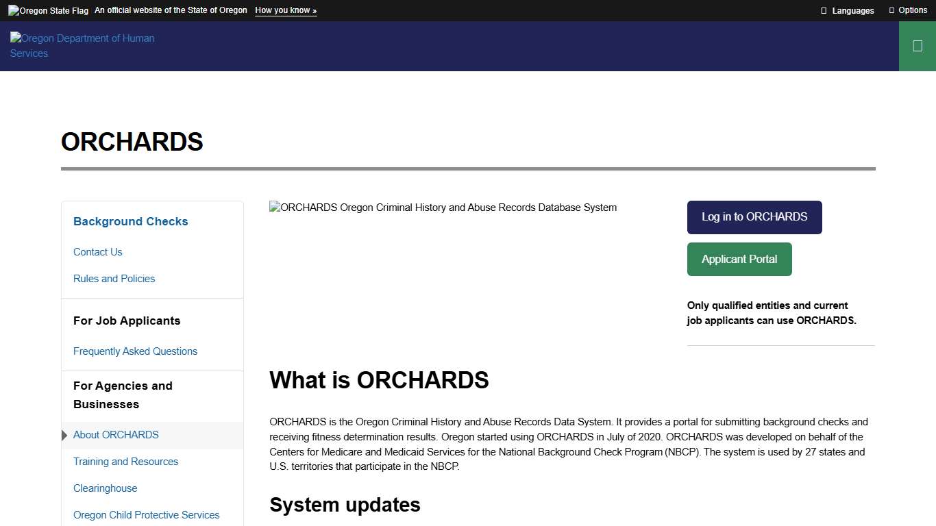 Oregon Department of Human Services : ORCHARDS : Background Checks : State of Oregon